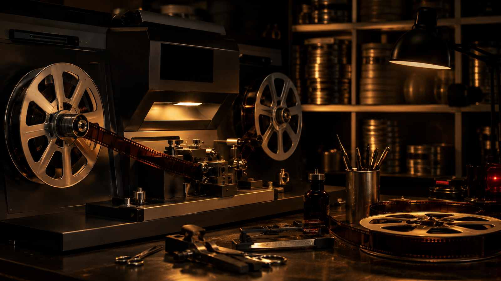 Laboratorio de restauración con rollos de película y escáner