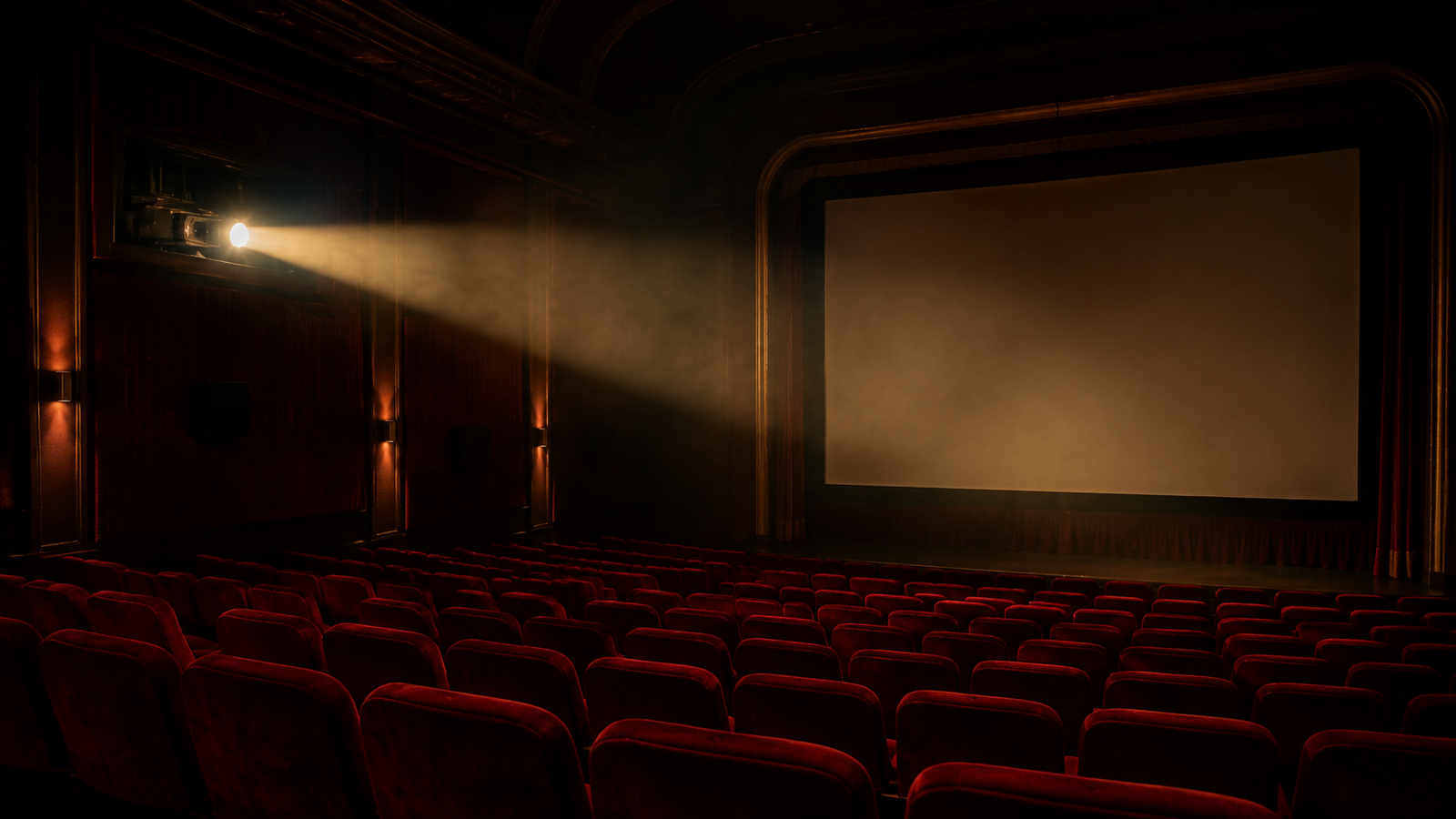 Sala de cine de autor vacía con el proyector encendido